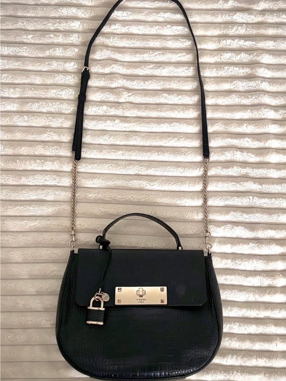 Guess Black Crossbody Bag with Silver Plate & Chain Strap